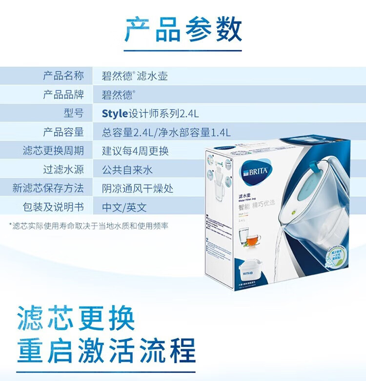 碧然德（brita） 【入门优选】滤水壶家用净水壶净水器Aluna光汐系列3.5L 碧然德滤芯 光汐水壶+标准版滤芯3芯（到手1壶4芯）蓝