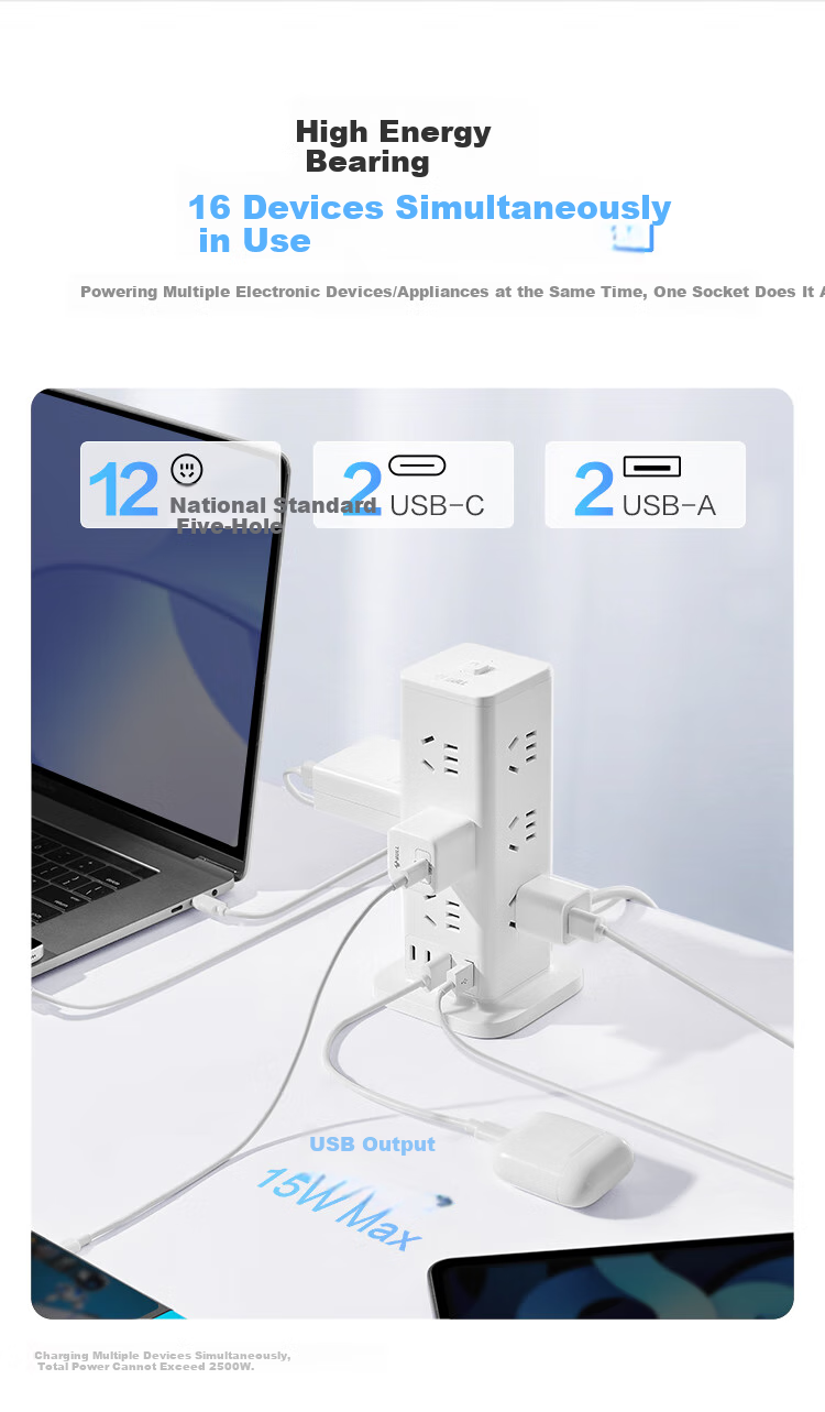 Удлинитель BULL GNV-UL1012U с вертикальными USB-портами, 12 розеток, защита от перегрузки, 1.6 метра, белый