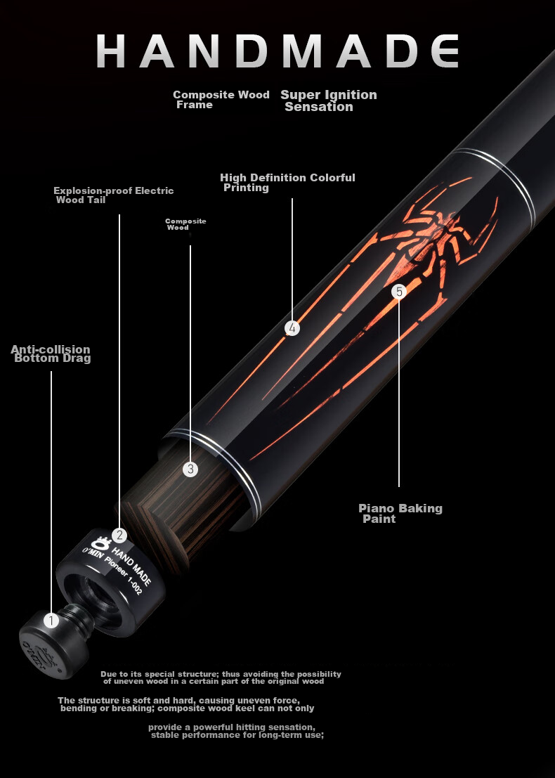 Бильярдный кий O'MIN Black Widow, 1/2, 11.75мм/12.75мм, клен, черный