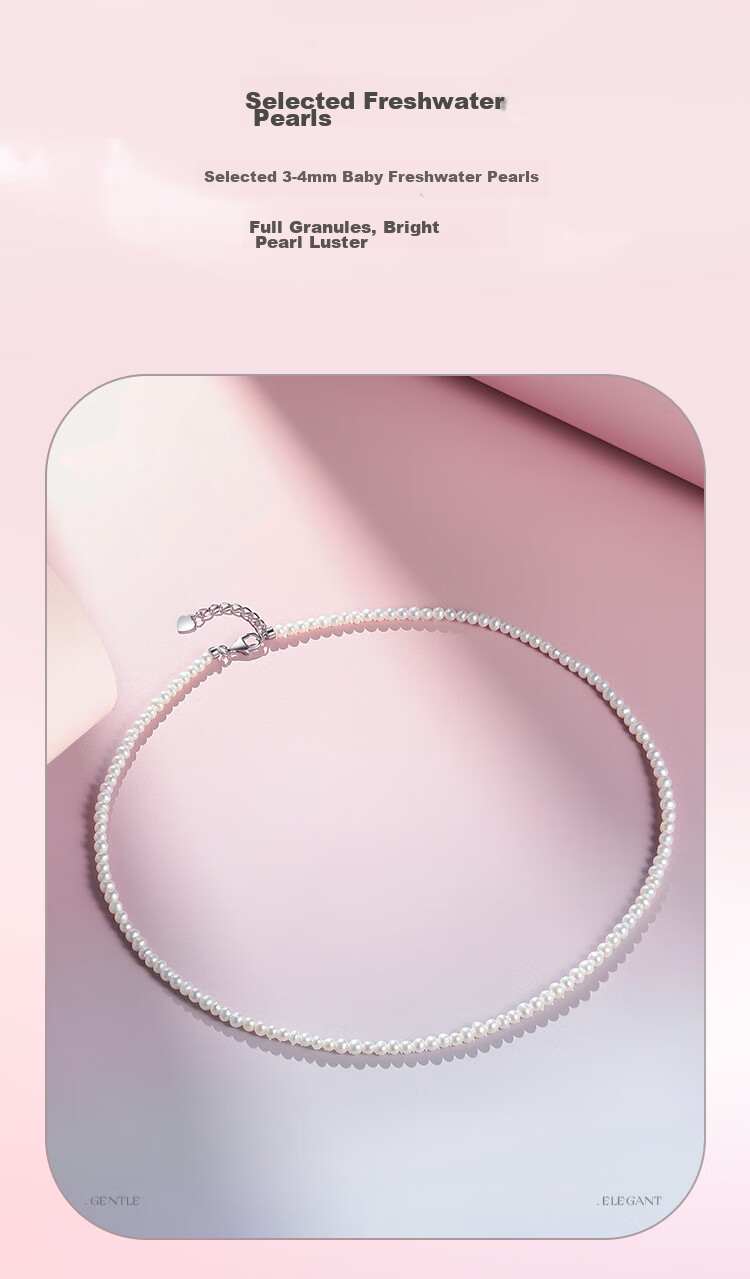 Жемчужное ожерелье PearlQueen S925 Silver, натуральный пресноводный жемчуг, 3-4 мм, мелкий рис, цепочка на ключицу, подарок на День святого Валентина для мамы