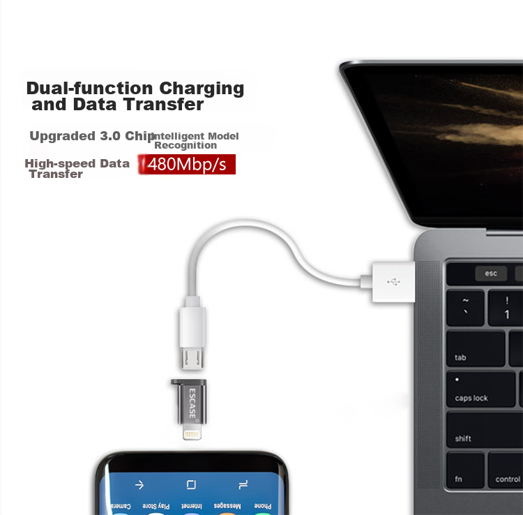 Переходник ESCASE Micro USB на Lightning для iPhone/iPad, OTG, черный