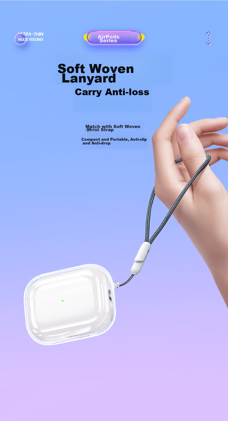 Чехол PISEN для AirPods Pro, прозрачный, TPU, с защитой от падений и царапин, с ремешком