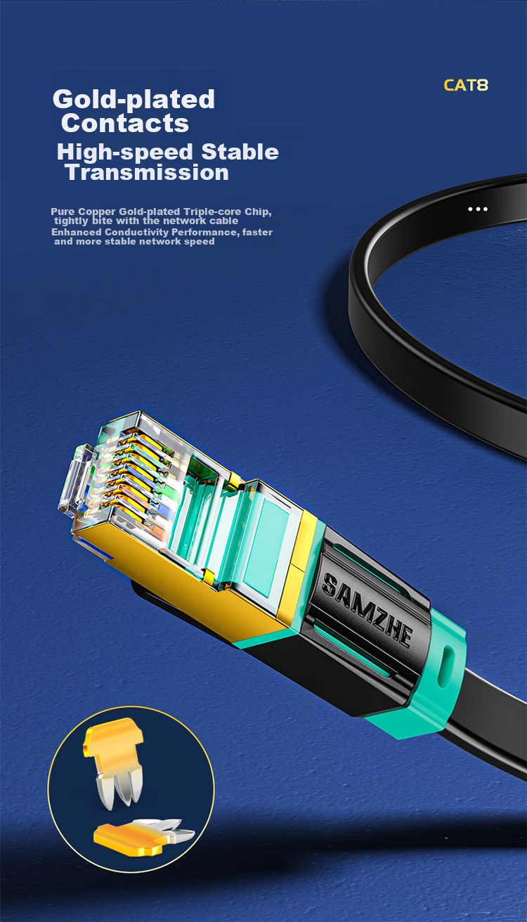 Сетевой кабель SAMZHE CAT8, 10 Gigabit Ethernet, плоский патч-корд, чистая медь, двойное экранирование, 8-жильный витой кабель, для компьютера и широкополосного подключения, черный, 2 метра, BX8020H