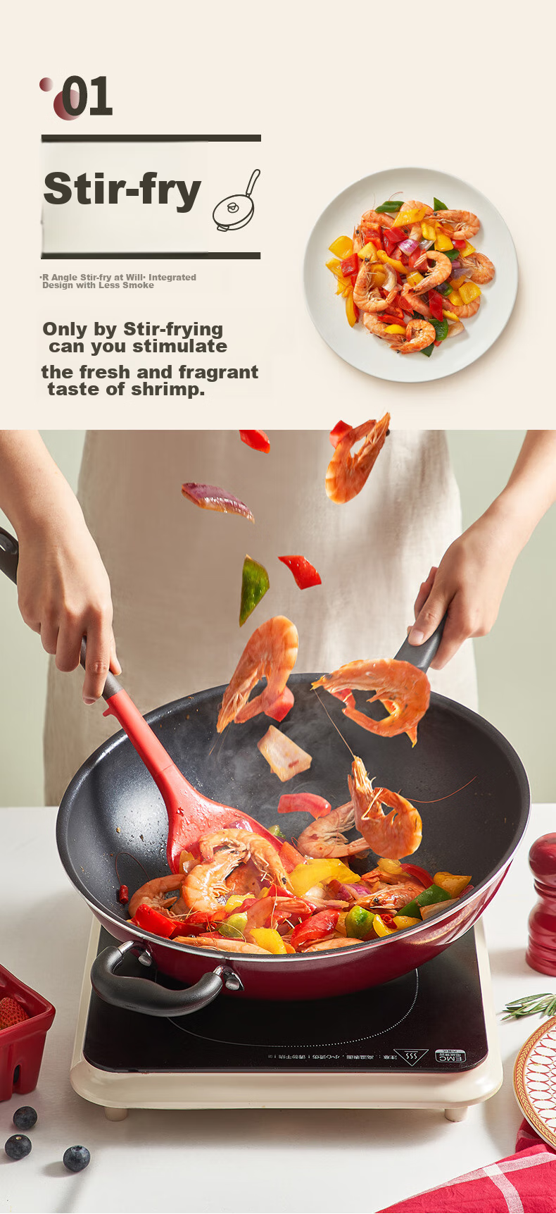 Сковорода SUPOR Non-Stick Wok 34 см, подходит для индукционных и газовых плит, здоровое приготовление пищи для домашнего использования PC34S1