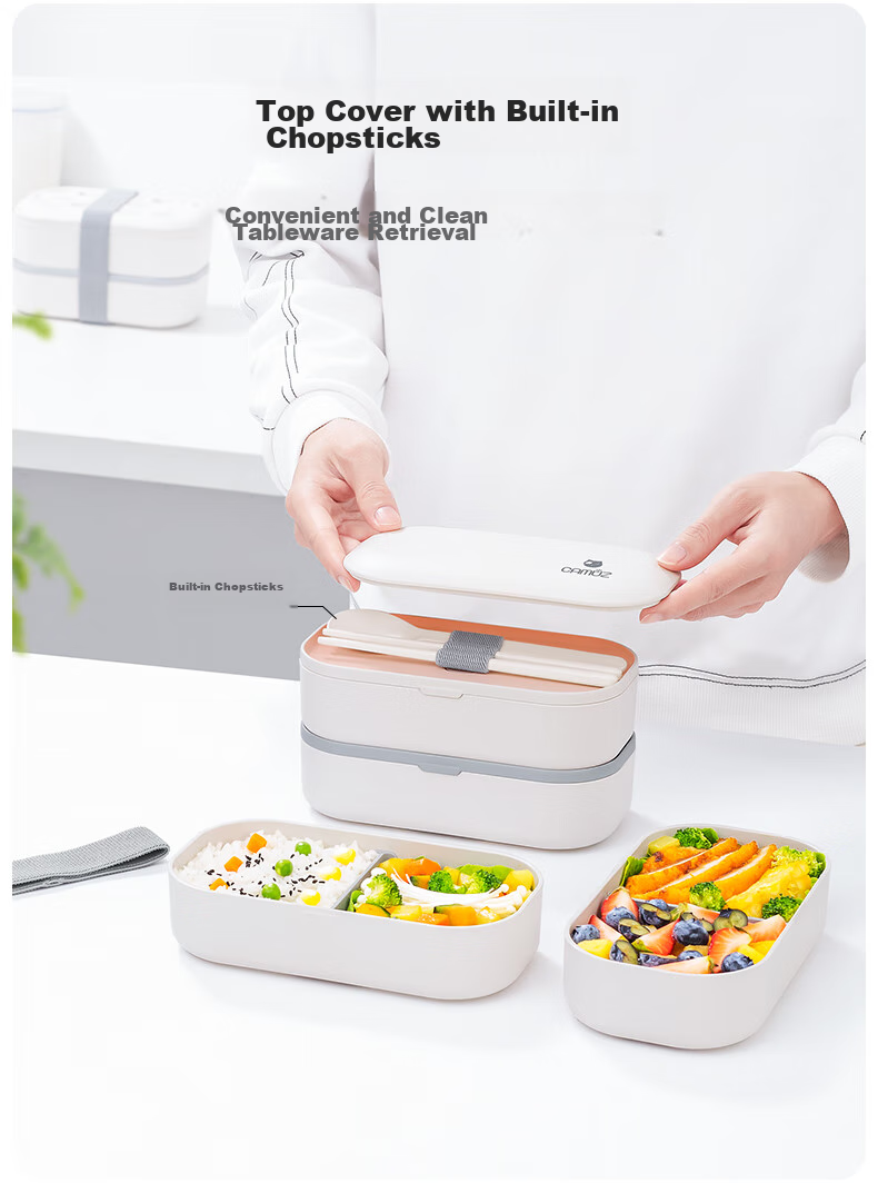 Ланч-бокс CAMUZ Bamboo Fiber Pro, двухслойный, 1200 мл, белый с черной сумкой, с палочками и ложкой, японский стиль, подходит для СВЧ