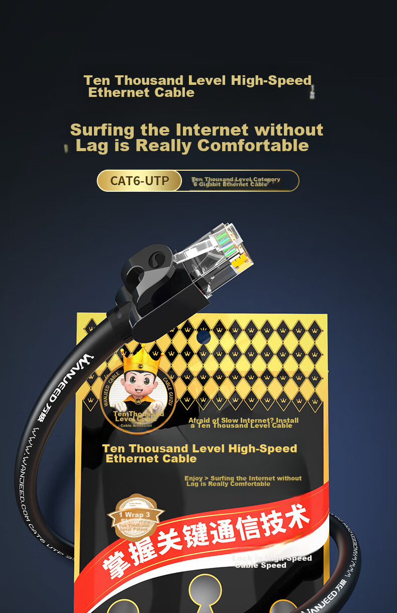 Сетевой кабель WANJEED Cat6 Ethernet, гигабитный высокоскоростной, 8-жильный витой, для домашней сети, мониторинга, широкополосный патч-корд, черный, 0.5 метра