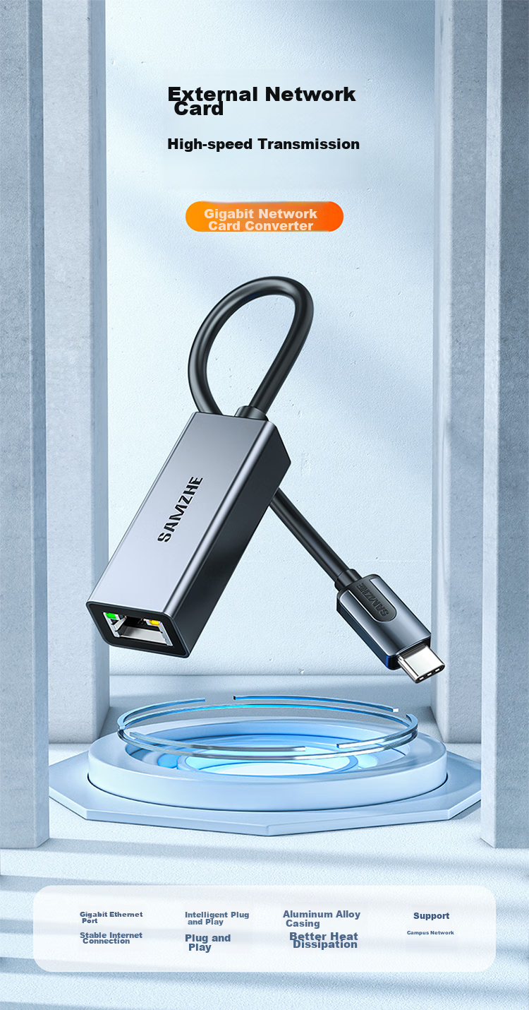 SAMZHE Type-C Gigabit Ethernet Adapter, RJ45 Network Port Converter, Compatible with Apple 15 MacBook And Microsoft Laptops, External Aluminum Alloy Adapter HWK01