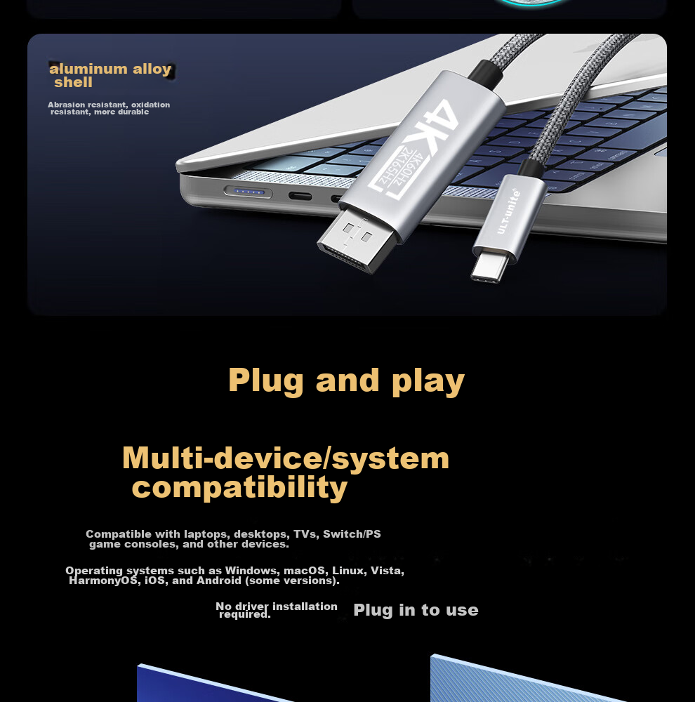 Кабель ULT-Unite Type-C - DisplayPort 1.2, 4K@240Hz, 2 метра, плетеный