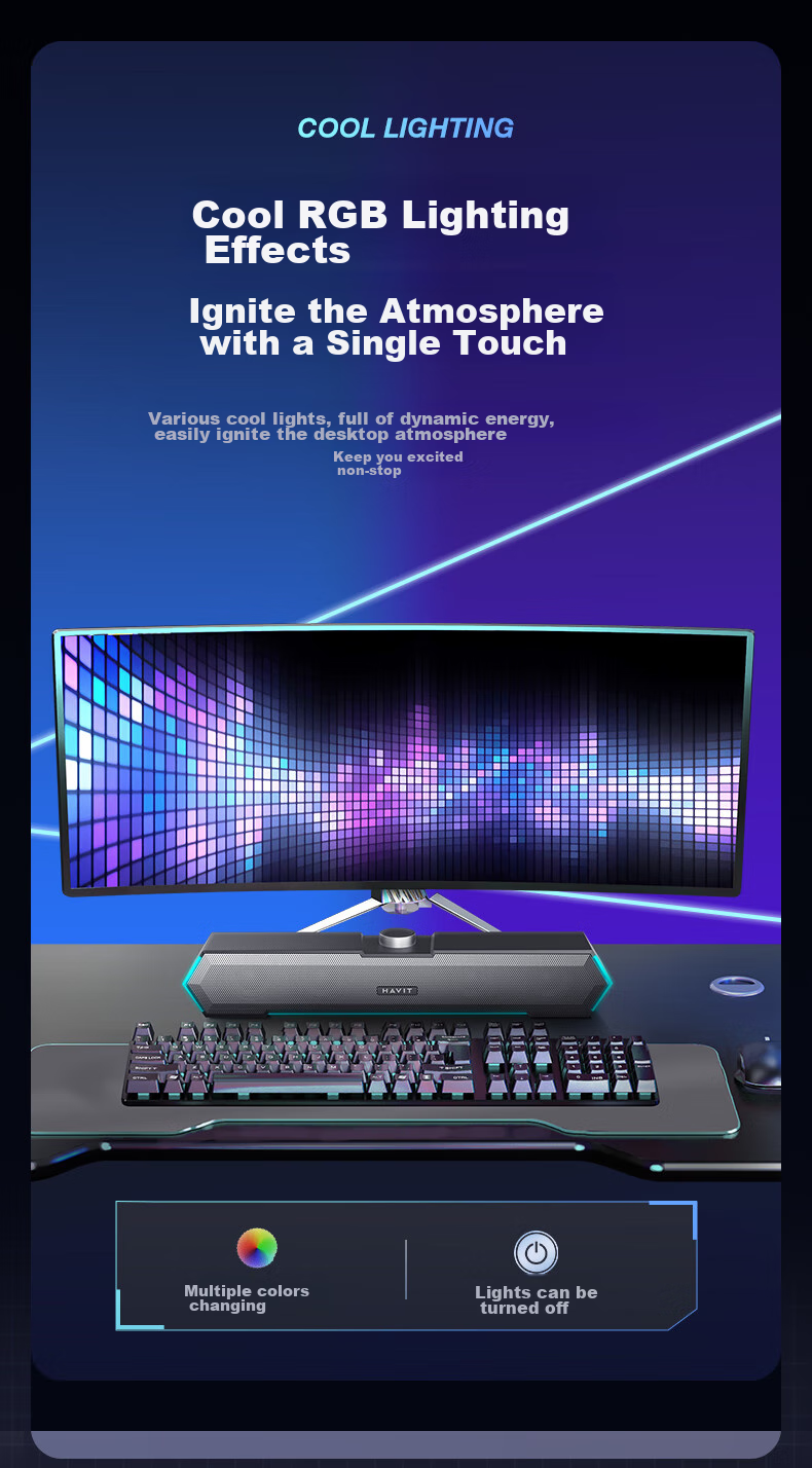 Компьютерная акустика Havit M19, Bluetooth 5.3, USB, RGB подсветка, 2.0, черный