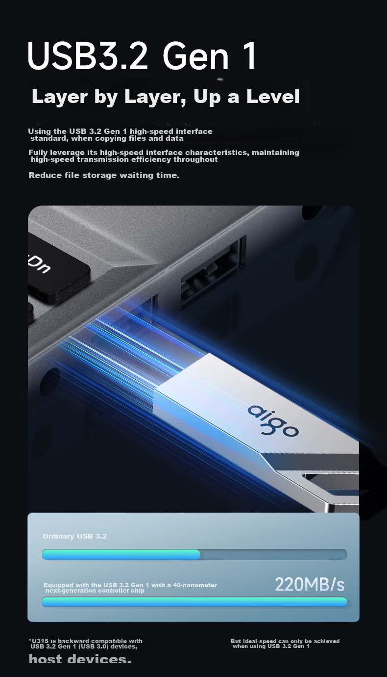 USB-накопитель Aigo U315, 128 ГБ, USB 3.2 Gen 1, металлический корпус, серебристый