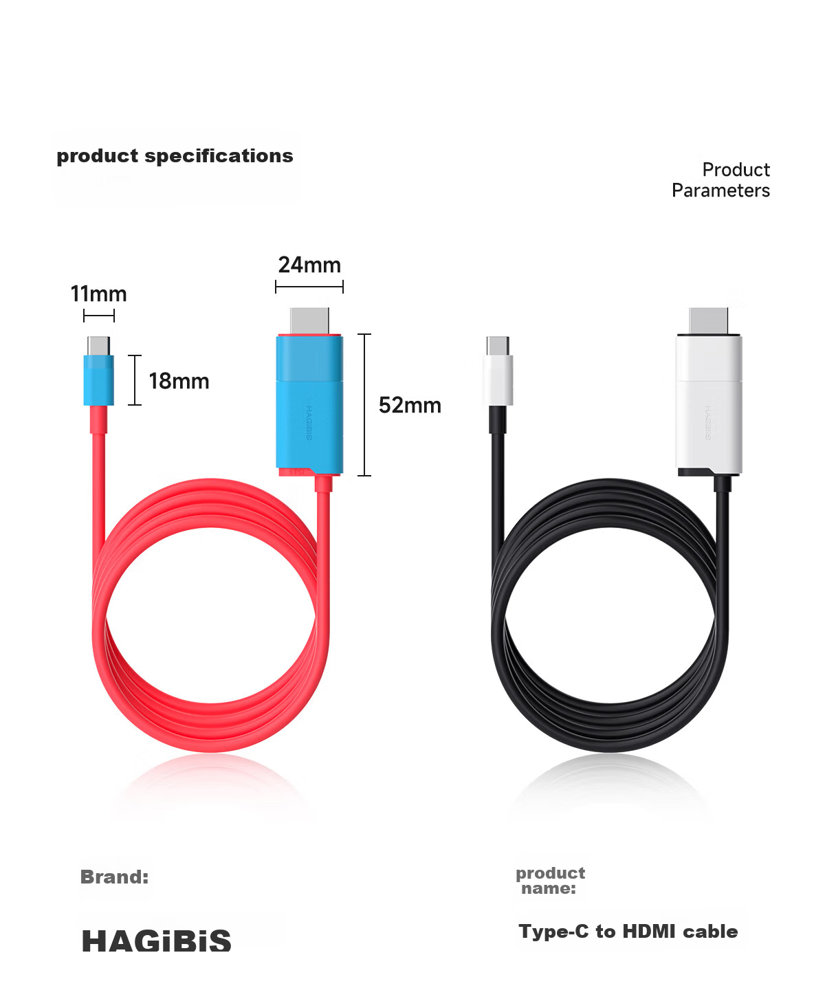 Кабель Hagibis Type-C - HDMI 4K@30Hz, 2 метра, черный/белый