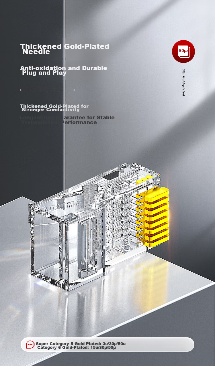 Коннекторы AMPCOM Crystal Head Cat5e, 30 шт., позолоченные, 30U, для гигабитных Ethernet кабелей, RJ45, 8P8C