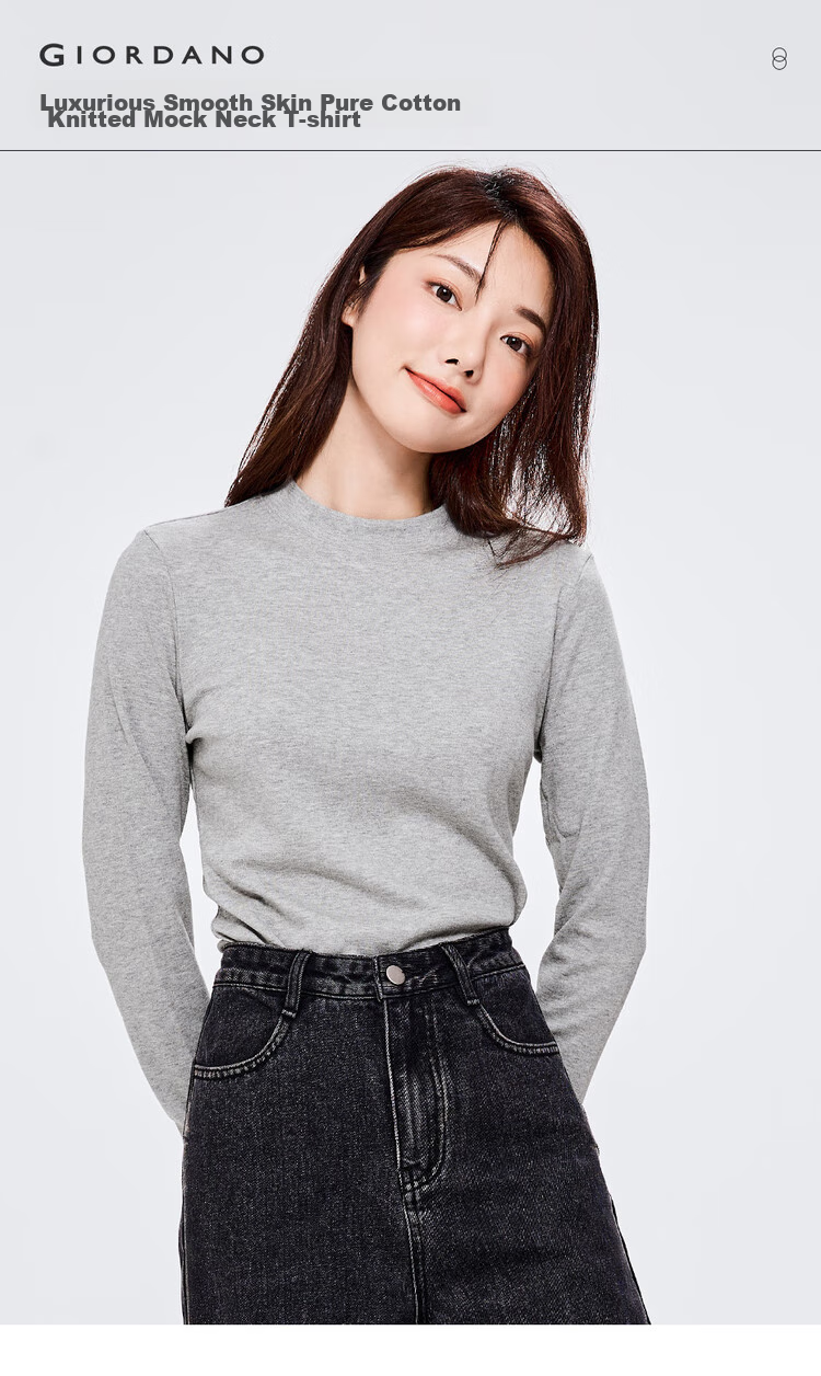 Женская футболка Giordano с длинным рукавом, однотонная, базовый стиль, нижняя рубашка из чистого хлопка, полувысокий воротник, топ для женщин 05322803