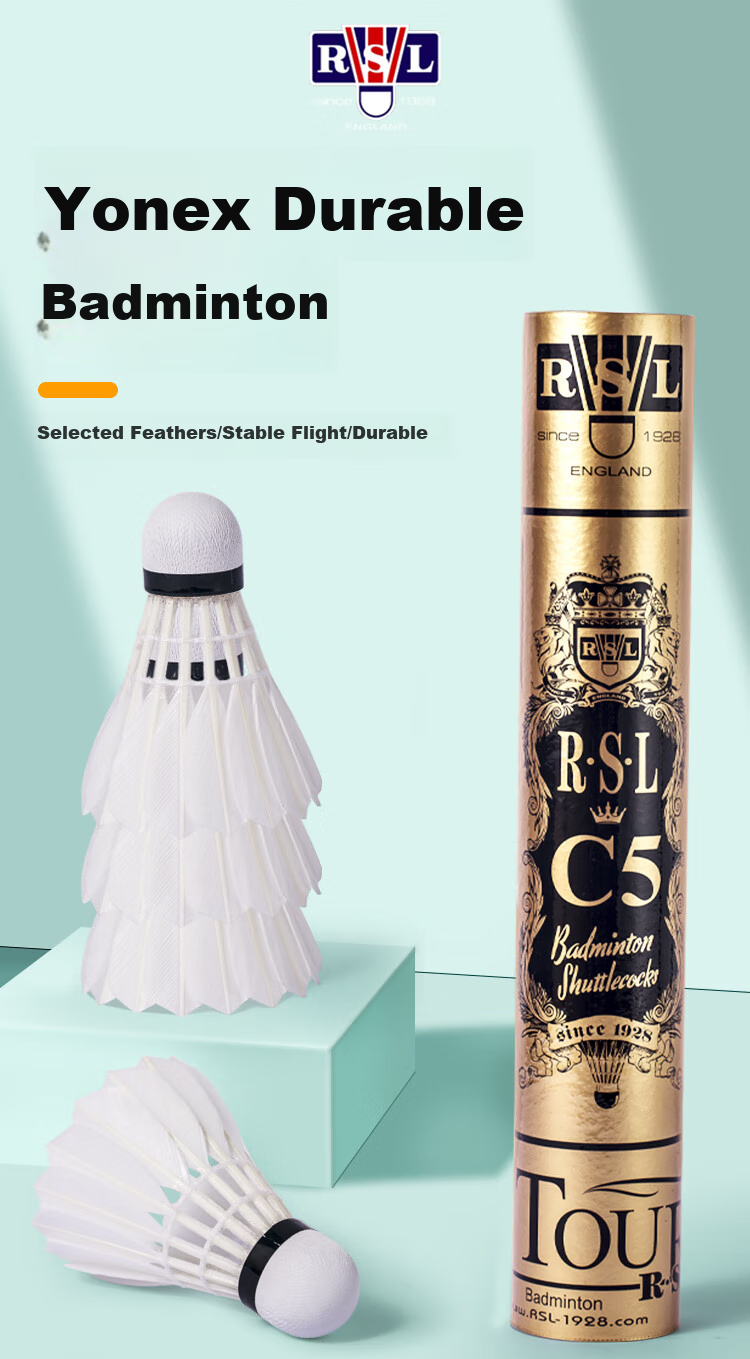 Воланы для бадминтона RSL Competition Duck Feather C5, набор из 12 штук, скорость 77, перьевые, для тренировок