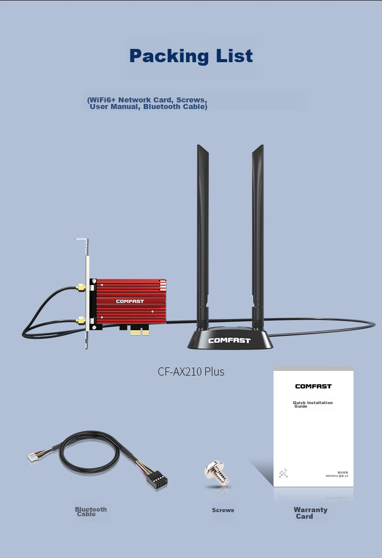 Сетевая карта COMFAST AX210PLUS, WiFi 6E, Bluetooth 5.3, PCI-E, 5374 Мбит/с