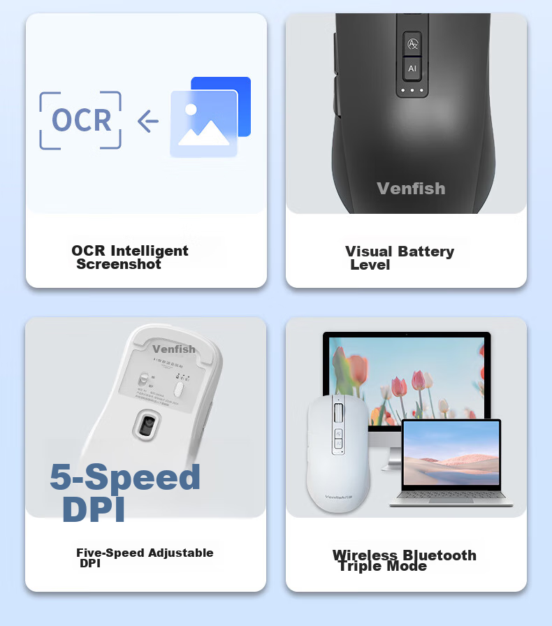 VENFISH AI Smart Voice Mouse S8 Беспроводная Bluetooth Офисная Мышь с ИИ, Генерация PPT, Чтение текста, Перевод, Черная
