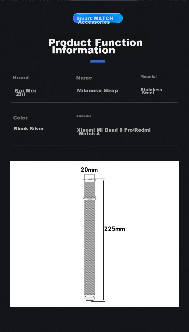 Ремешок KMaxAI Milanese для Xiaomi Mi Band 9/8 Pro, Redmi Watch 6/5/4, нержавеющая сталь, магнитная застежка, серебристый