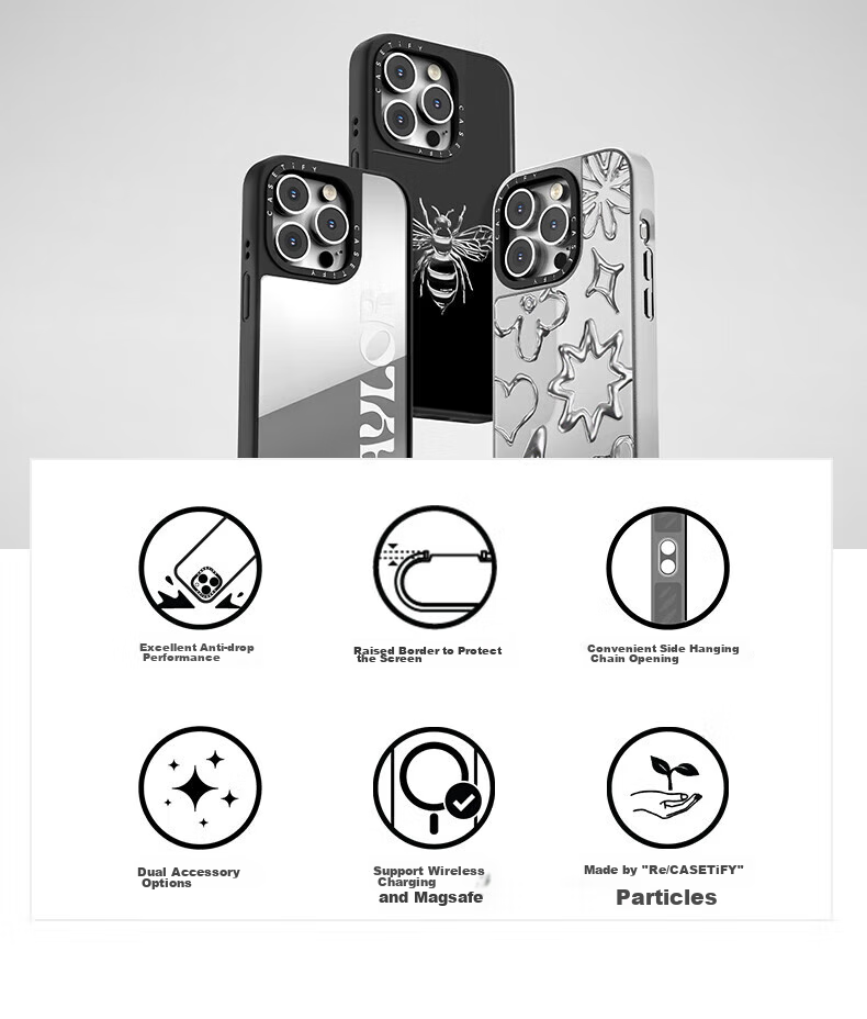Чехол для телефона CASETIFY Little Ghost Mirror, противоударный, MagSafe, для iPhone 15 Pro Max, серебристое зеркало, черная рамка