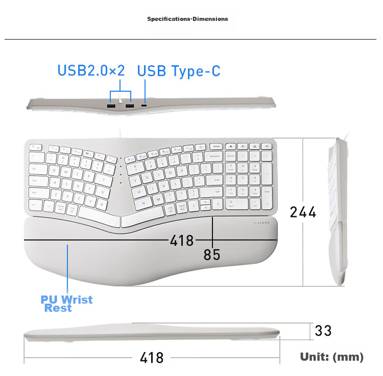 Эргономичная проводная клавиатура SANWA ERG5, 101 клавиша, мембранная, с подставкой для запястий, 3 USB-порта, черный
