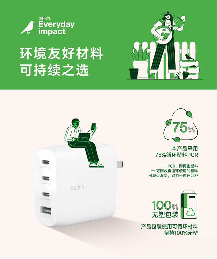 Зарядное устройство Belkin 112W GaN, 4 порта USB-C/USB-A, быстрая зарядка PD 3.1, складной штекер, белый
