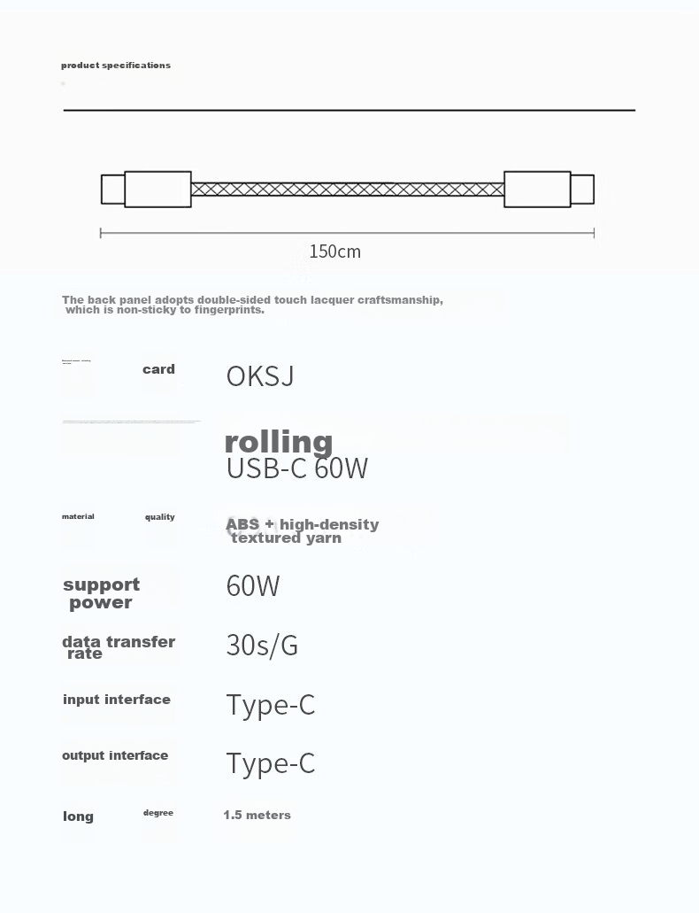 Кабель OKSJ Type-C to Type-C, 1.5 метра, 60W, для быстрой зарядки iPhone 15/16/17, iPad, ноутбуков, двухжильный плетеный, белый