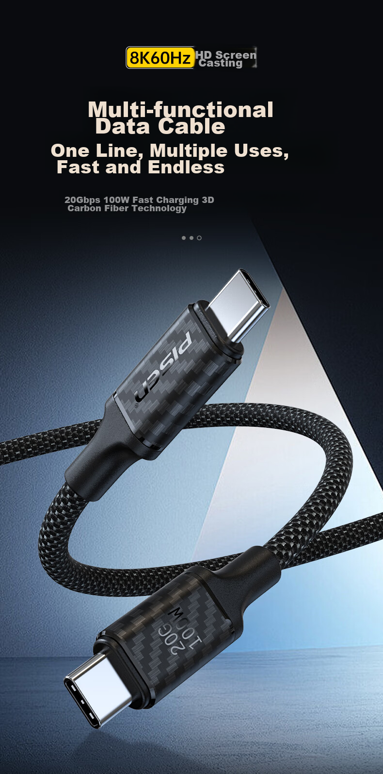 Кабель PISEN USB 3.2 Gen2x2 Type-C, 100W PD, 20Gbps, 8K 60Hz, 1м, белый
