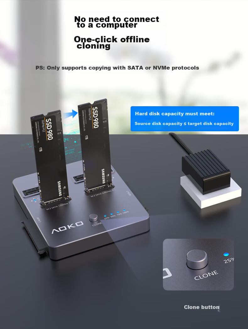 AOKO DA28GR, клонер SSD NVMe/SATA, M.2, док-станция для клонирования жестких дисков, 2 отсека, USB 3.2 Gen 2
