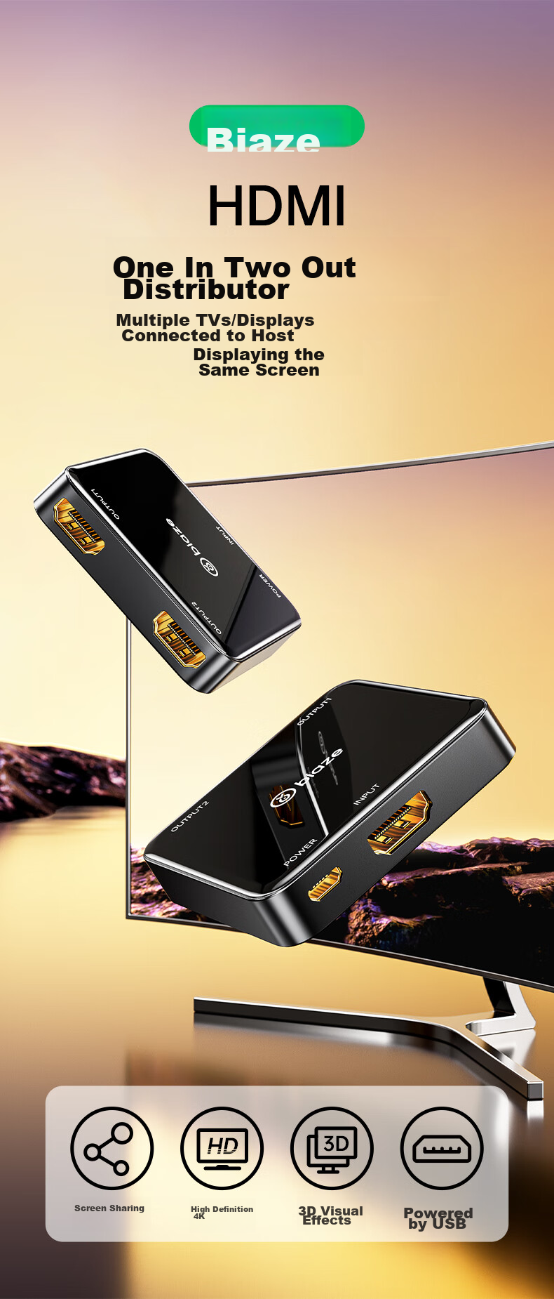 HDMI сплиттер BIAZE 1x2, 4K HD, для подключения ноутбука, ТВ-приставки к монитору или проектору, зеркальное отображение экрана