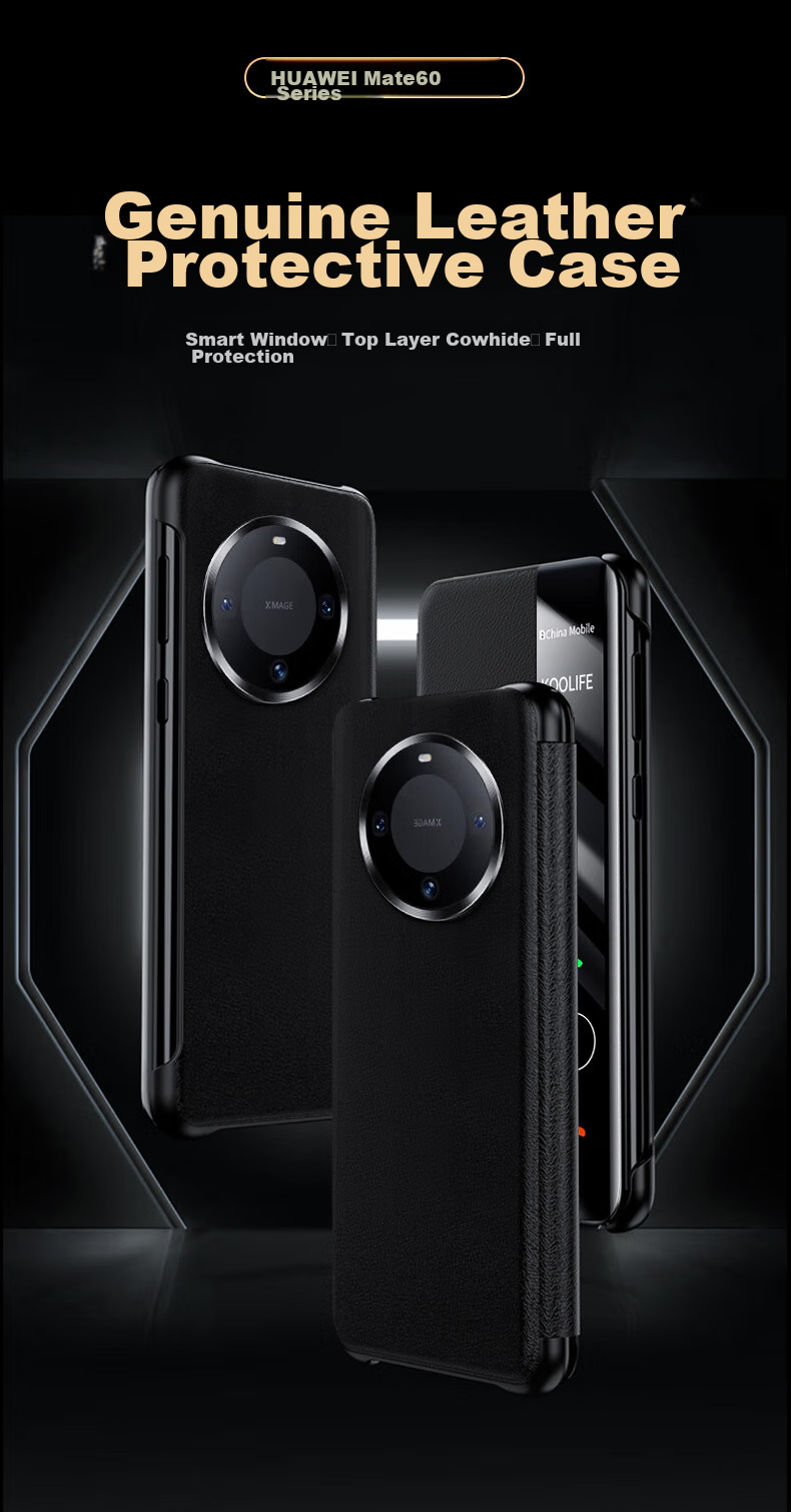 Чехол-книжка KOOLIFE из натуральной кожи для Huawei Mate60 Pro, с окном для просмотра уведомлений, противоударный, бизнес-стиль, черный