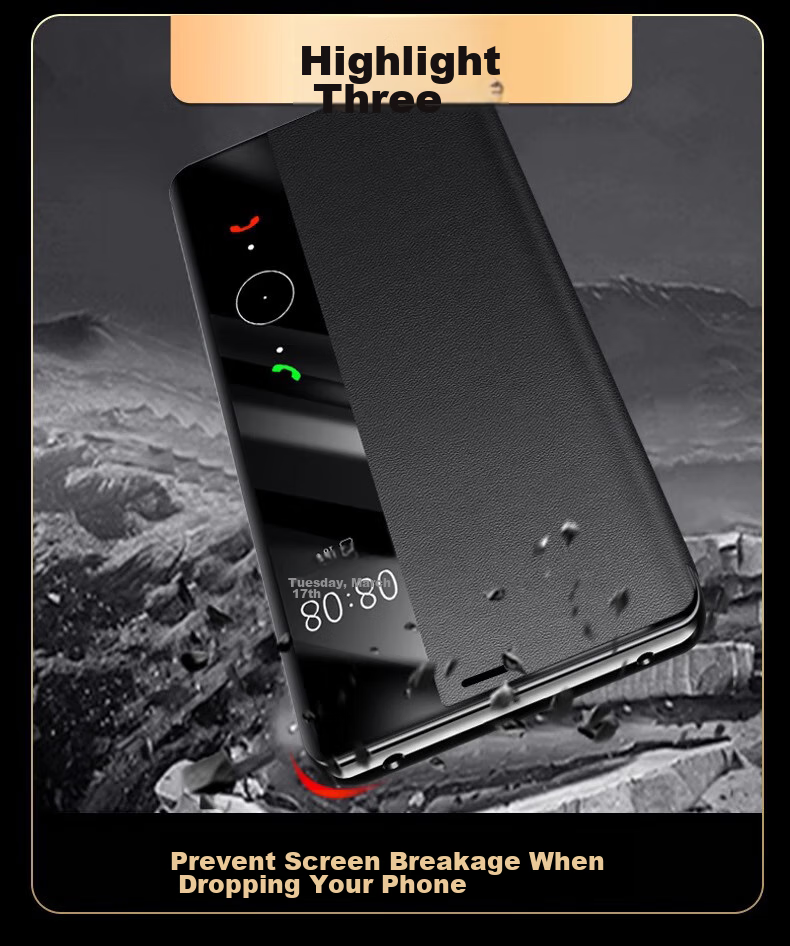 Чехол-книжка Eddga "Chuan Lian Jin Bao" для Huawei Mate50 Pro, флип-обложка с окном для просмотра уведомлений, полная защита, ударопрочный, натуральная кожа, с функцией "сон/пробуждение", черного цвета