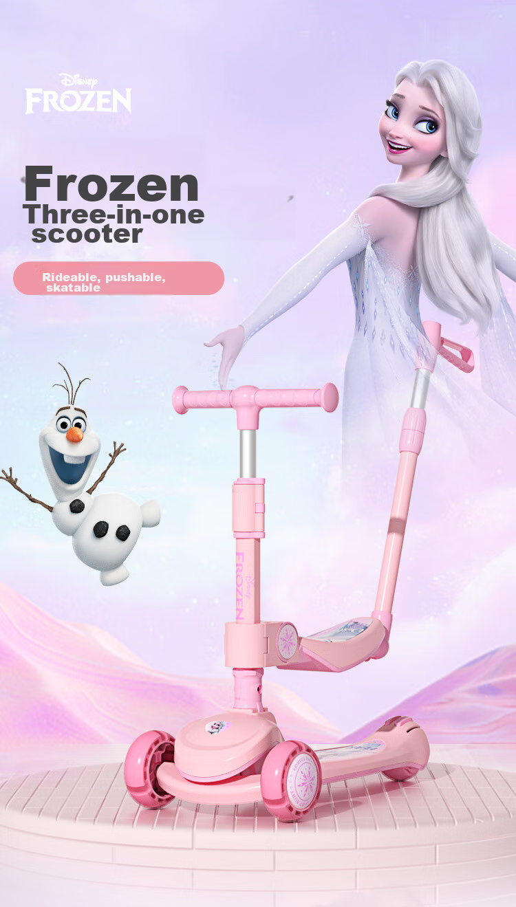 Детский трехколесный самокат Mesuca & Disney "Айша Принцесса" 3-в-1, складной, с фонариками, для девочек от 2 до 12 лет