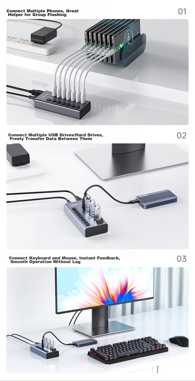 USB 3.0 концентратор Acasis HS-707MG, 7 портов с независимым управлением, алюминиевый корпус, серебристый