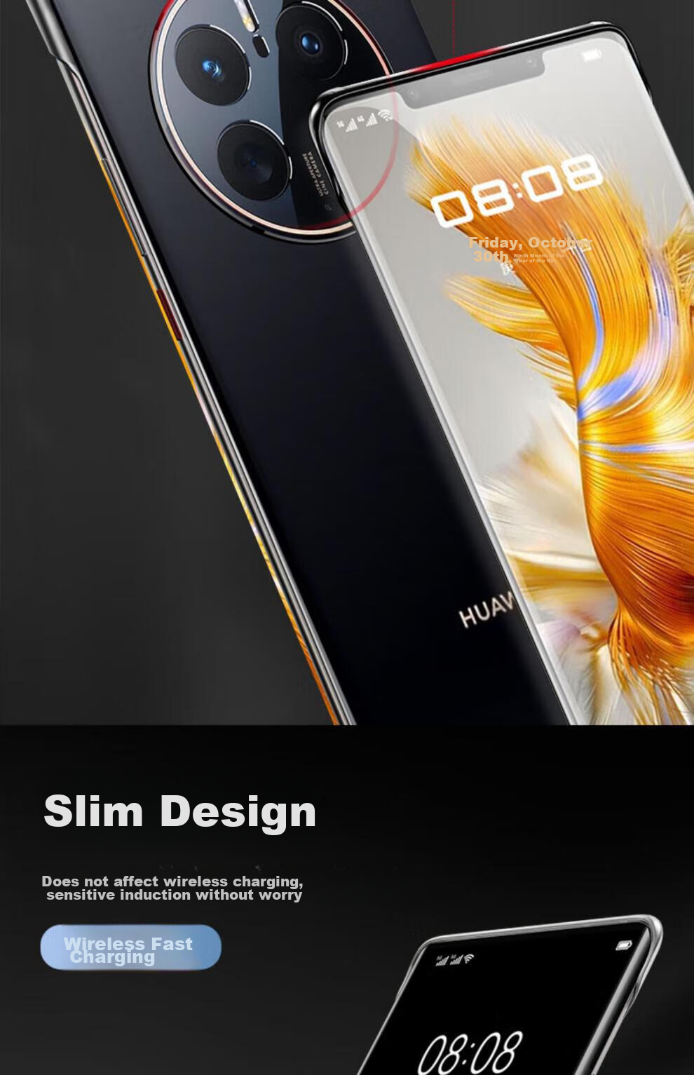 Чехол для Huawei Mate50 Pro Hongzhuo, ультратонкий, прозрачный, противоударный, с защитой от отпечатков пальцев и охлаждением, графитовый черный