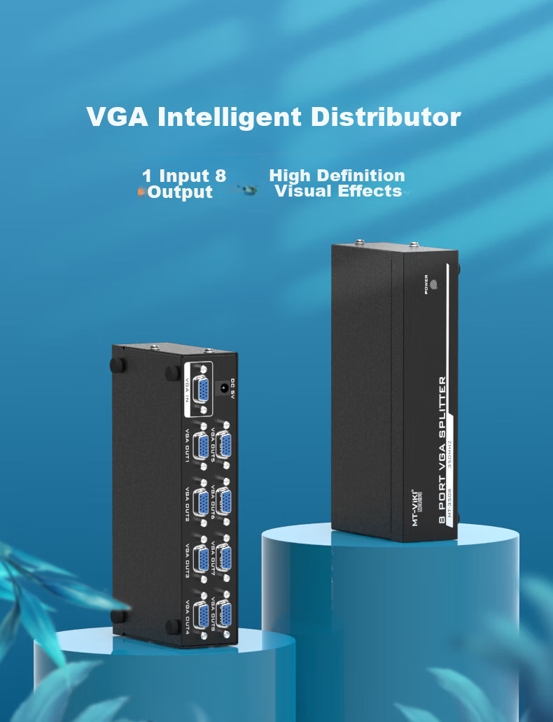 VGA сплиттер MT-viki MT-3508, 1 вход, 8 выходов, 1920x1440, 350 МГц, 45 м, черный