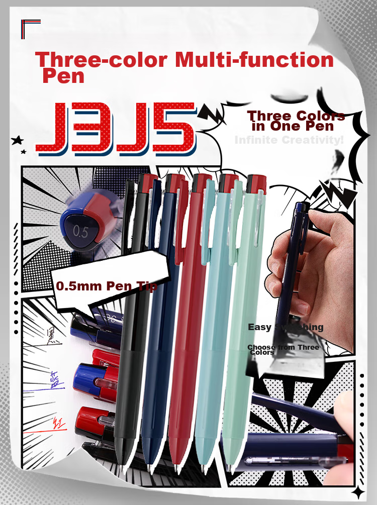 Ручка гелевая ZEBRA J3J5, 3 цвета (черный/синий/красный), 0.5 мм, темно-синий корпус