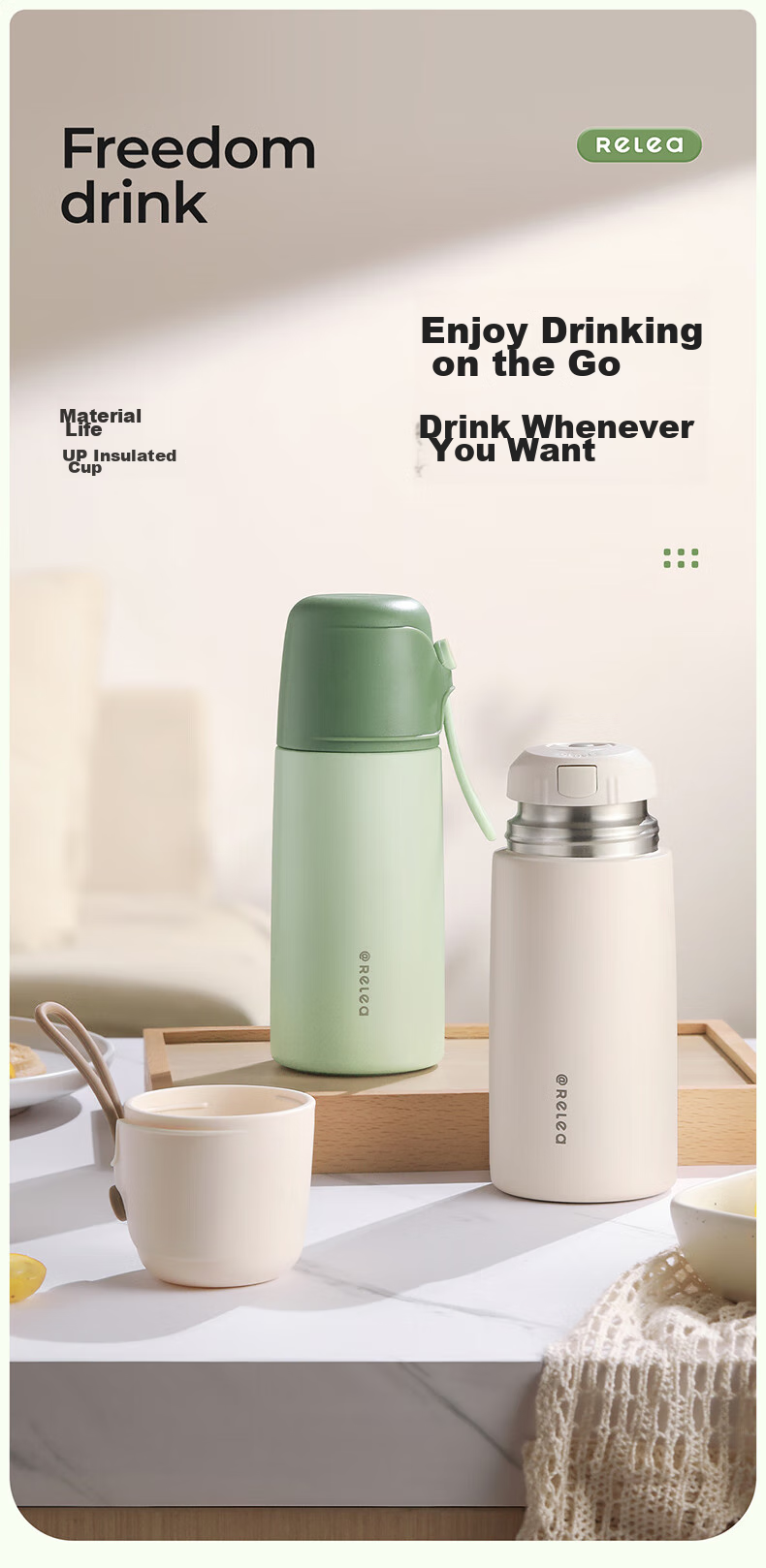 Термокружка RELEA Portable Insulated Water Bottle, 550 мл, стальная, с двойными стенками, для студентов, мужчин, женщин и детей, подарок на день рождения