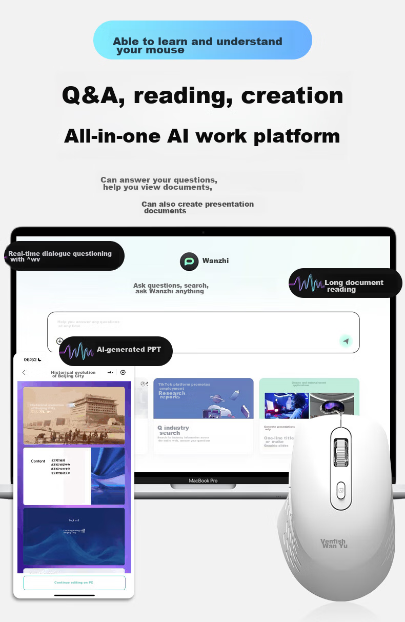 VENFISH AI Беспроводная Bluetooth мышь с голосовым набором текста, белая