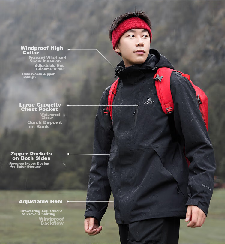 Куртка CAMEL CamelTex Outdoor мужская и женская, ветрозащитная, водонепроницаемая, маслостойкая, трикотажная, 3-в-1, утепленная, для холодной погоды, черная, размер M