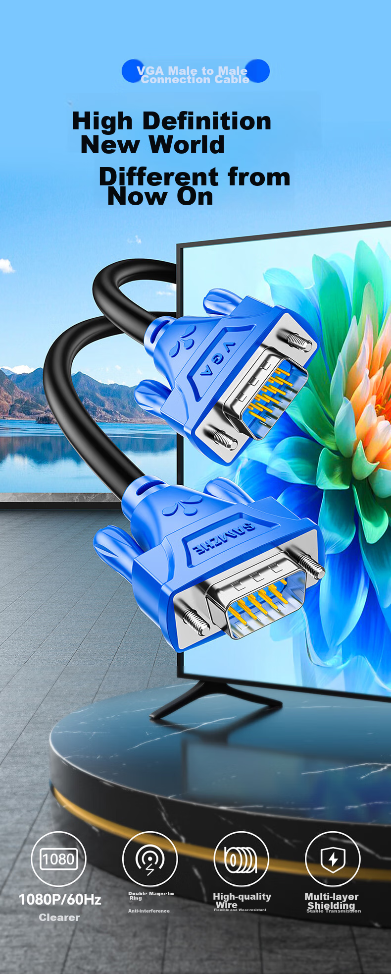 Кабель SAMZHE VGA VM-1020, 2 метра, для подключения компьютера к проектору или монитору, с двумя магнитными кольцами, 3+6 медных жил, черный