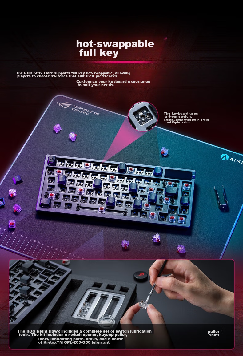ROG Night Demon Механическая клавиатура, беспроводная/трехрежимная игровая и киберспортивная клавиатура, 75-клавишная раскладка, NX Snow White Switches, RGB Hot-Swappable Customizable Gasket Structure с OLED-экраном, Moonlight White
