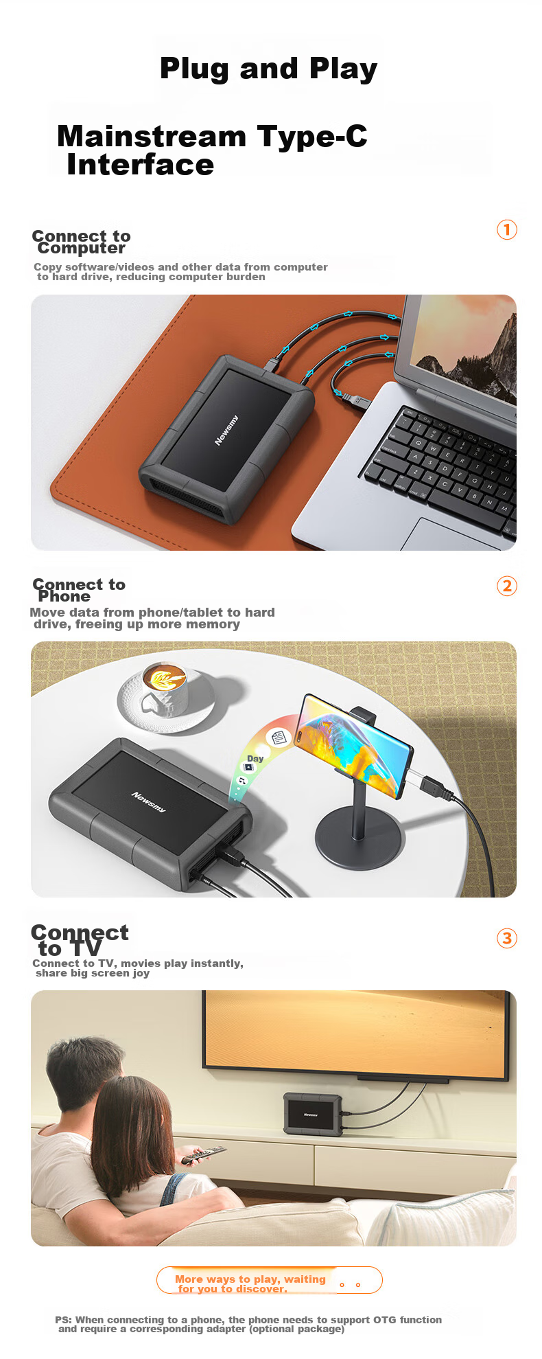 Портативный жесткий диск Newsmy Xingji Series, 3.5 дюйма, настольное хранилище, Type-C USB 3.1, 4 ТБ, черный