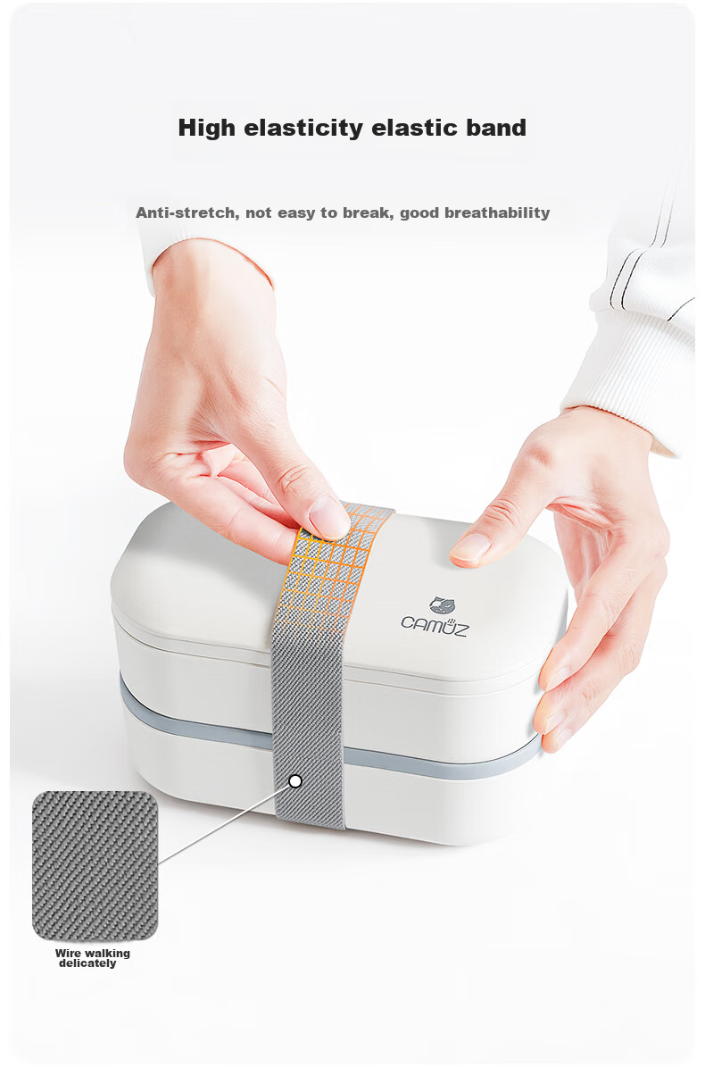 Ланч-бокс CAMUZ Bamboo Fiber Pro, двухслойный, 1200 мл, белый с черной сумкой, с палочками и ложкой, японский стиль, подходит для СВЧ