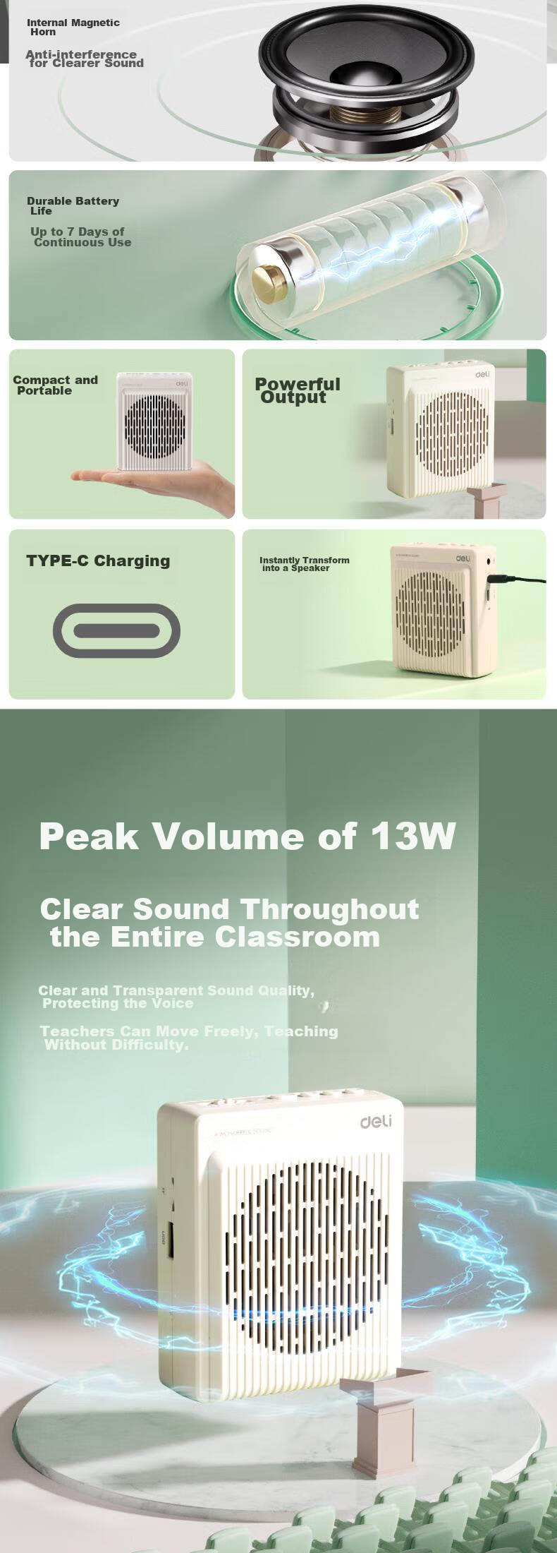 Портативный усилитель звука Deli 13W Little Bee, беспроводной, Bluetooth, с микрофоном, серый