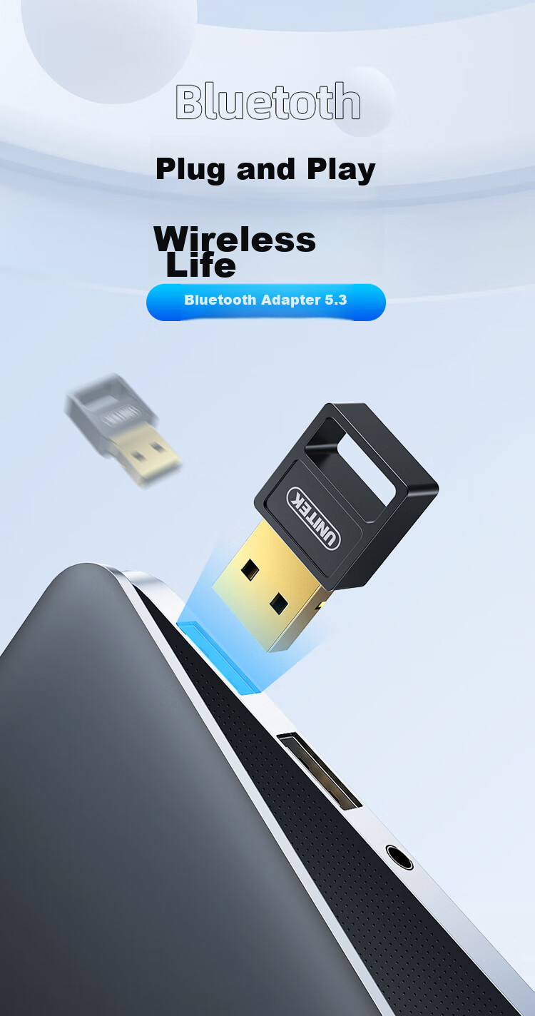 Адаптер UNITEK USB Bluetooth 5.3, приемник Bluetooth для ПК, беспроводное подключение для мыши, клавиатуры, наушников, колонок, модель B108A
