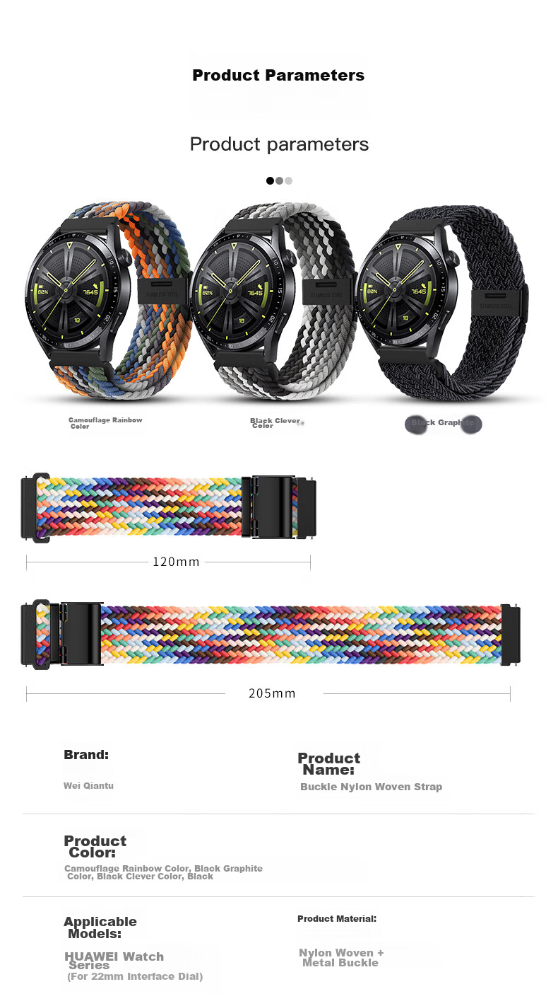 Ремешок для Huawei Watch GT 6/GT5/GT4/GT3/watch4/3pro/GT3pro/buds, нейлоновый плетеный, черный графит, 46/48 мм