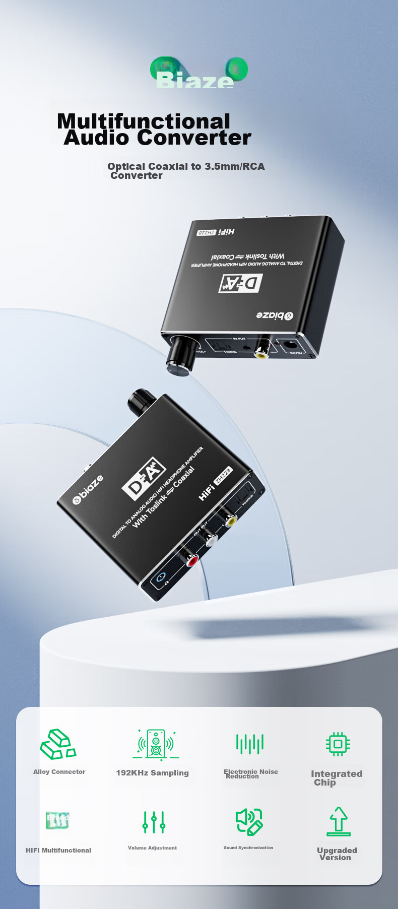 BIAZE HiFi Аудио конвертер, коаксиальный в оптический SPDIF в RCA, 3.5 мм AUX, для Xiaomi TV, усилителя, колонок, саундбара, ЦАП