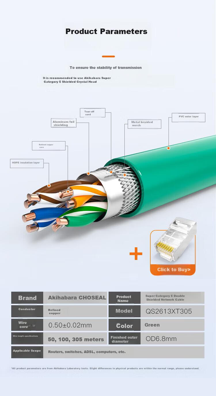 Сетевой кабель CHOSEAL Cat5e, двойное экранирование, чистая медная жила, для строительства и домашней проводки, зеленый, 305 м
