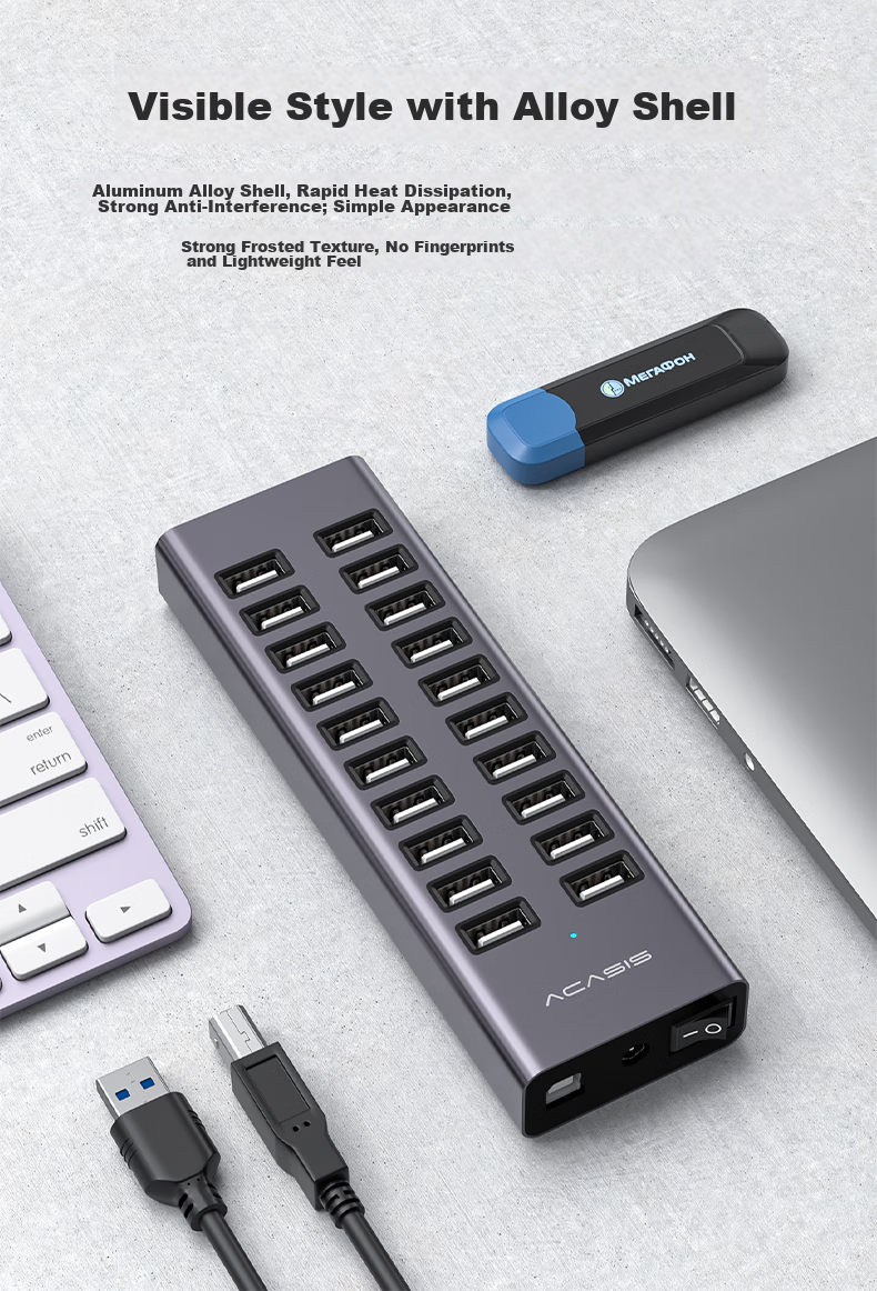 USB-хаб Acasis H037 на 20 портов USB 2.0 с блоком питания 90 Вт, алюминиевый корпус, для ноутбуков и ПК