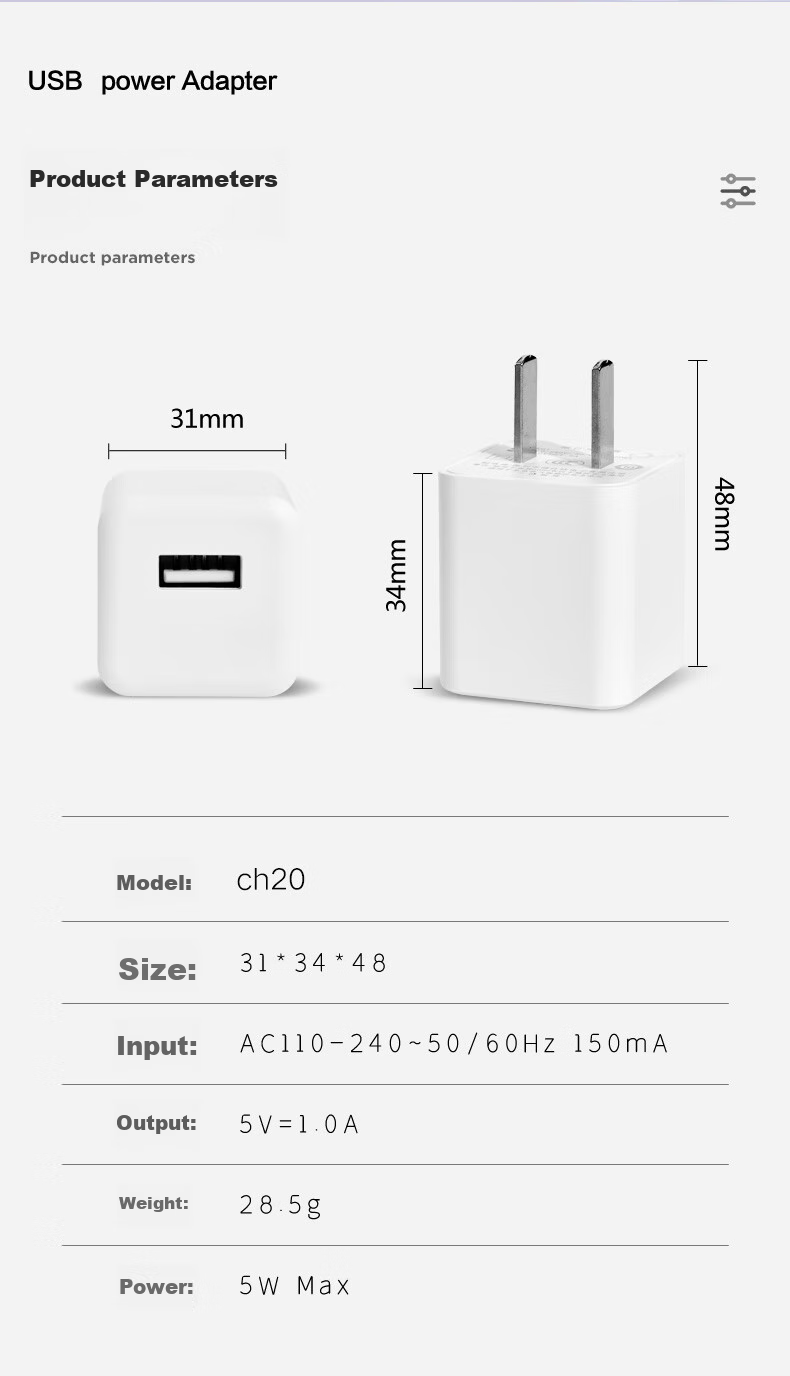 Зарядное устройство CangHua CH20, USB, 5V 1A, 5W, белый, универсальное