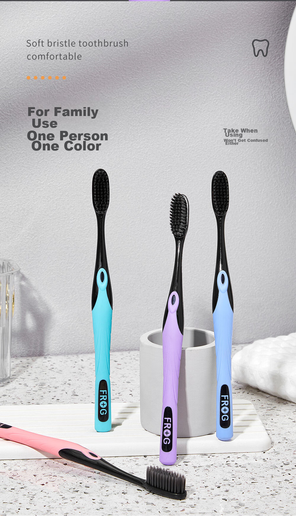 Зубная щетка Qingwa Gentle Charcoal Adult Toothbrush, 8 шт., мягкая щетина, защита десен, семейная упаковка
